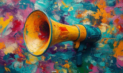 Megaphone, vibrant art and freedom of expression. Colorful, dynamic and energetic communication through art for liberty, creativity and social change. Inspiring visual message for a, Generative AI