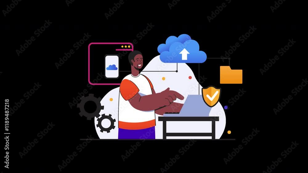 Poster an african man working on a laptop with cloud icons in an animated style.