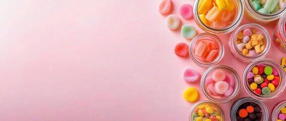 Colorful candies in glass jars on pink background.