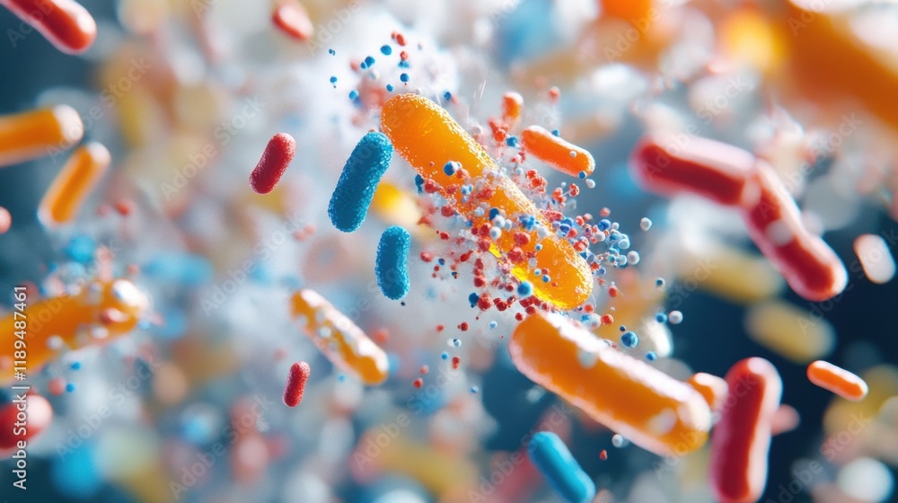 Poster Close up view of diverse microbes on frequently touched surfaces like door handles and smartphones in modern environments. Generative AI
