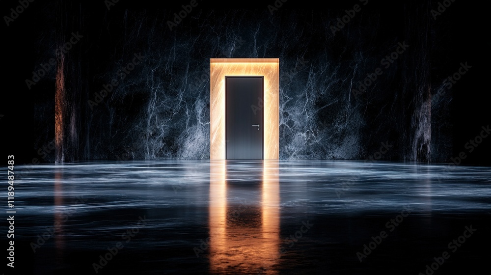 Poster an open door in a dark room with a light at each end