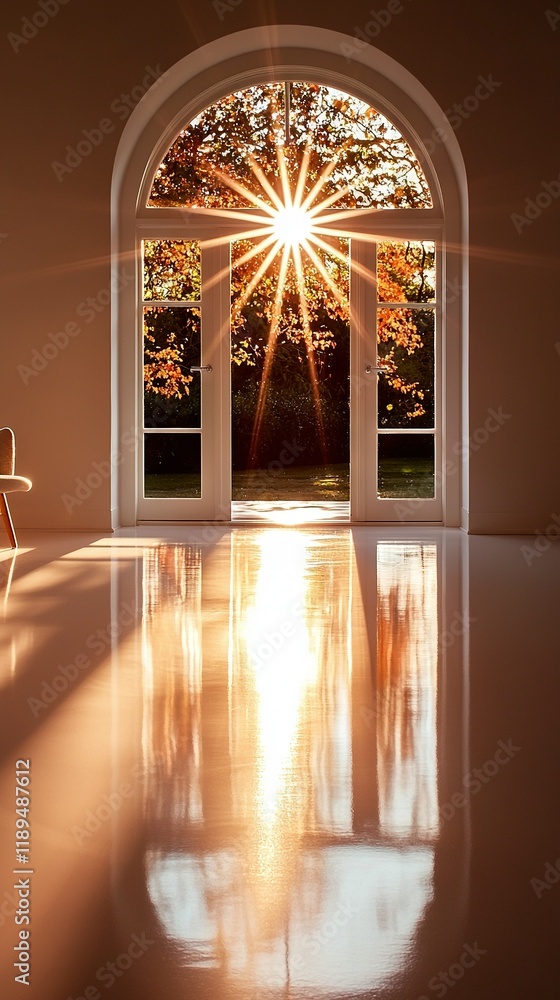 Poster a room features a spacious open window, sunbeams filtering inside, and a centered chair