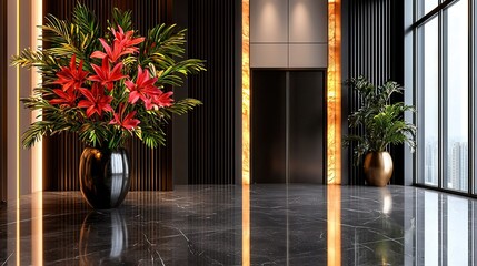   Red flowers in black marble vase sit on windowed walls