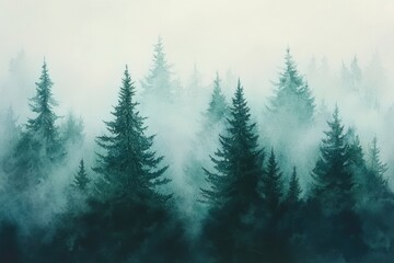 Misty evergreen forest with dense fog