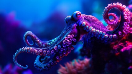 Fototapeta premium Vibrant purple octopus in underwater scene.