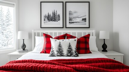 Cozy bedroom interior, white and red color scheme, plush bed with red bedding, white headboard, black and white framed nature prints, winter themed pillows, pine tree motif, black bedside lamps