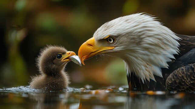 Bald eagle feeding eaglet fish in autumn lake