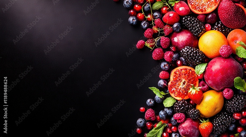 Poster black background with an array of fruits forming the shape of f on the left side of the image
