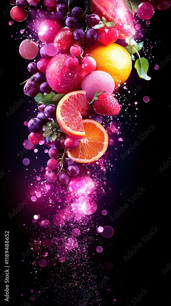 Poster a colorful array of fruits soaring through the sky with a splash of paint on one side