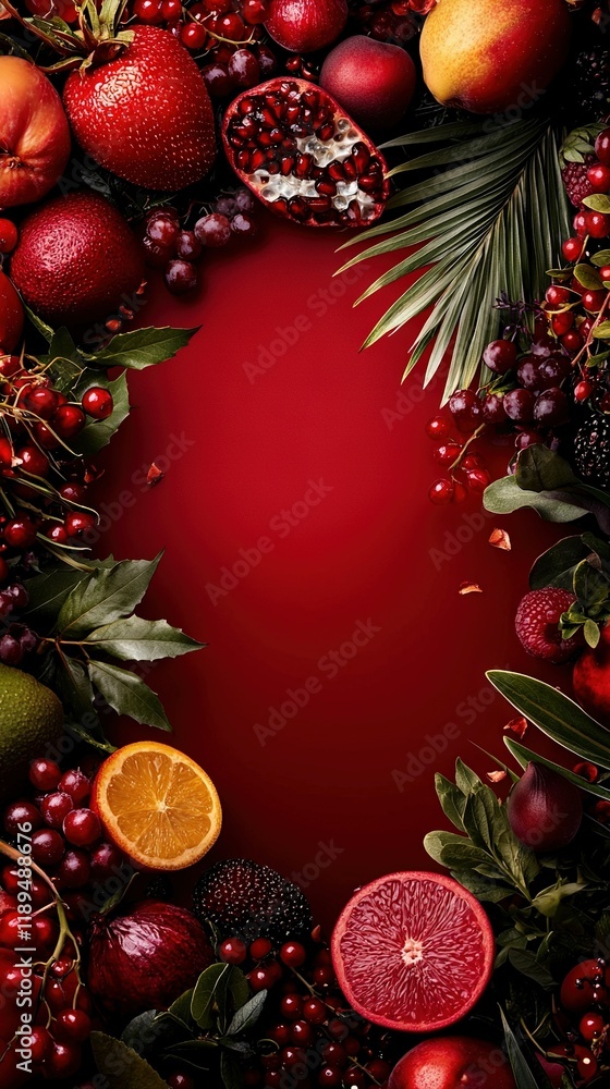 Poster a red background with a cluster of fruit and a palm frond on top, and a red background featuring fru