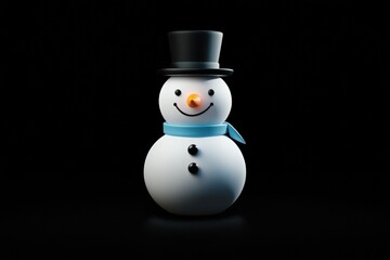 A stylized snowman wearing a top hat and scarf on a black background