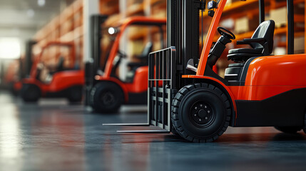 Orange Forklifts in Warehouse: Industrial Equipment and Logistics Scene