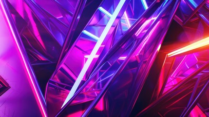 a surreal landscape of geometric shapes and neon lights, white space in the center of the page for text, bold and electrifying hues against a dark