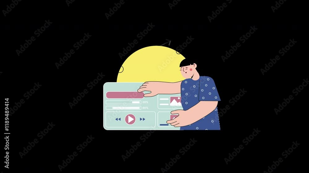 Poster a cartoon character interacting with a digital interface, representing technology use in everyday li