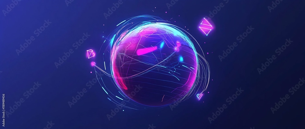 Aufkleber abstract glowing sphere with neon lines and particles.