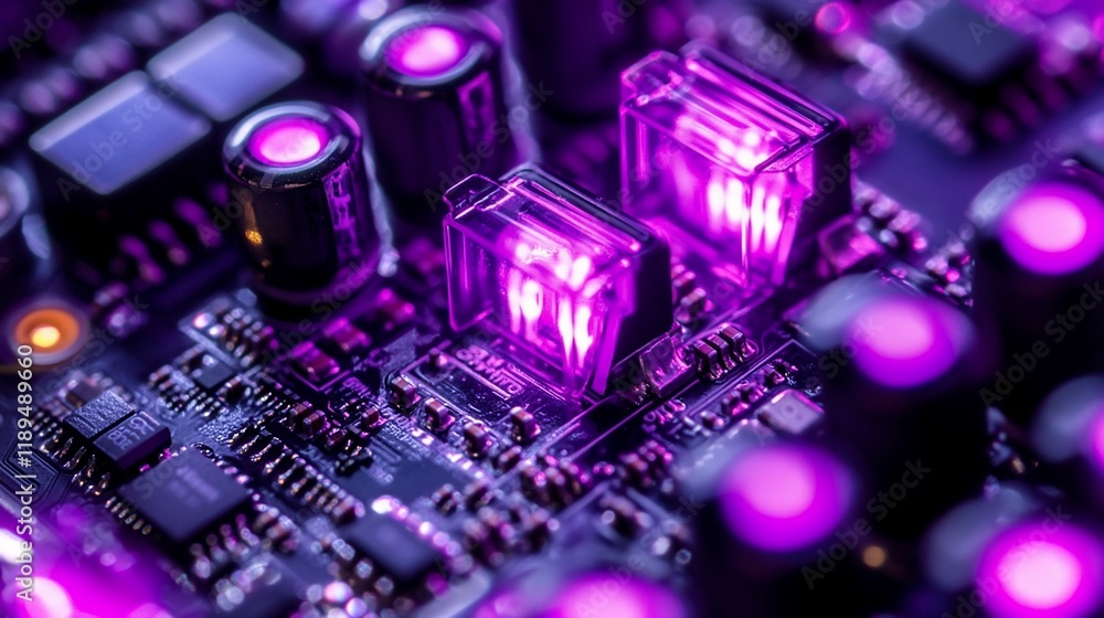 Poster close-up of illuminated circuit board components.