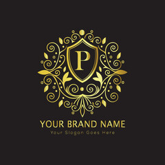 Letter Luxury brand logo design with a royal gold crown emblem and elegant typography
