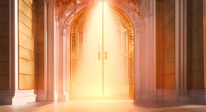 Going trough golden gate doors with bright heaven light shining Open magic door with shining light Gates to heaven concept 4K