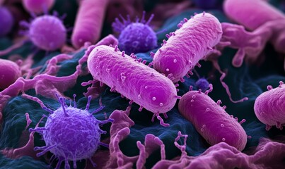 Close up of bacteria and virus cells. Biology, Science medicine background, Generative AI