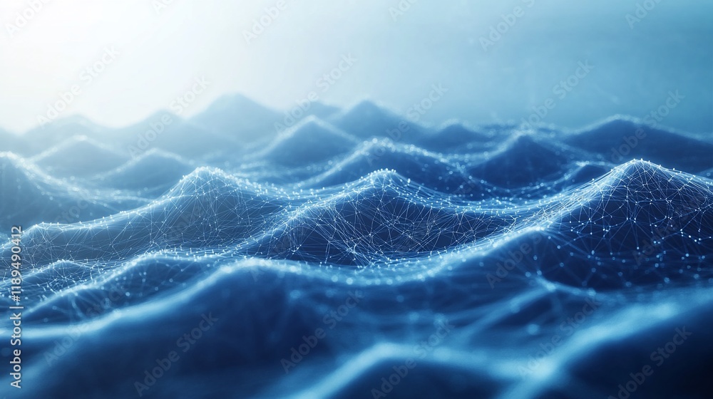 Poster abstract blue digital landscape with connected nodes and lines.
