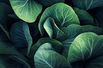 Lush green leaves with intricate vein patterns, close-up view.