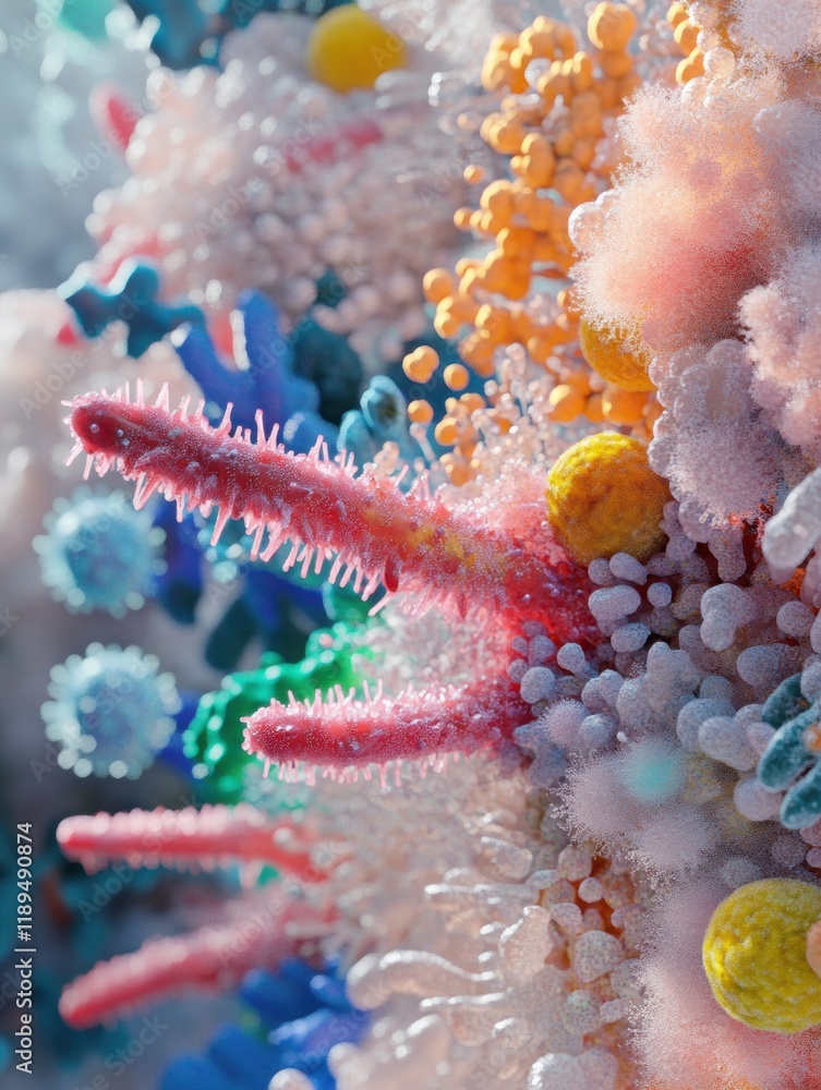 Poster close up view of microbial growth on common surfaces like door handles and smartphones in everyday e