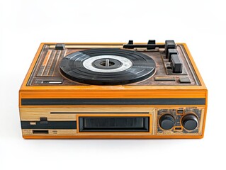 Fototapeta premium close up of a wooden vintage record player with a vinyl record