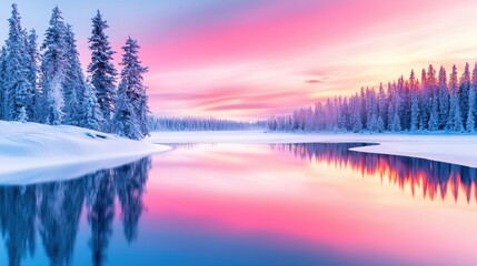 Obraz premium Serene Winter Landscape at Dusk with Vibrant Reflections in Water