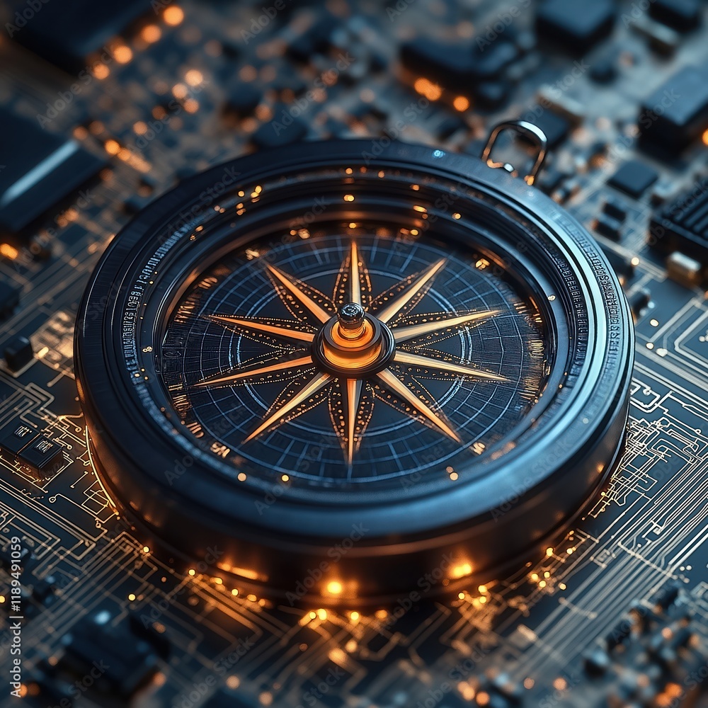 Poster futuristic compass sits on tech circuit board. advanced navigation tool. digital compass points nort