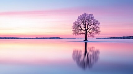Obraz premium Serene Sunset Over Calm Waters with a Lone Tree Reflection