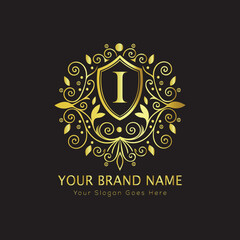 Letter Luxury brand logo design with a royal gold crown emblem and elegant typography
