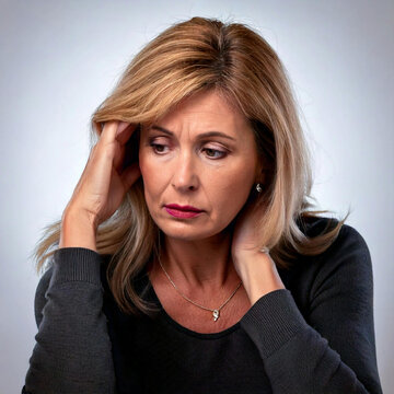 A close-up shot of a sick adult woman with blonde hair, sitting with one hand on her head as if experiencing a headache or stress, while her other hand rests on her neck.