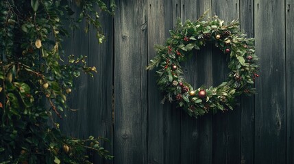 rustic wreath made of fresh greenery and small ornaments hanging against natural wooden fence