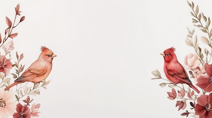 Beautiful Cardinal Birds Framed by Delicate Floral Elements