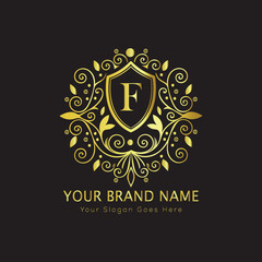 Letter Luxury brand logo design with a royal gold crown emblem and elegant typography
