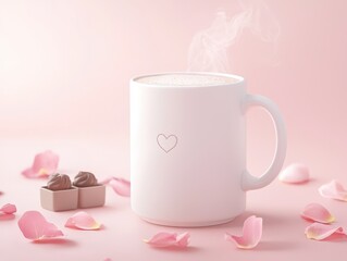 Warm Cup of Coffee Surrounded by Delicate Rose Petals and Chocolates