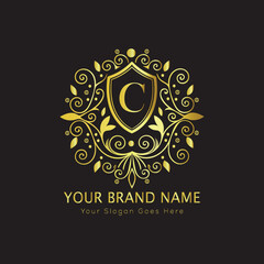 Letter Luxury brand logo design with a royal gold crown emblem and elegant typography
