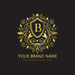 Letter Luxury brand logo design with a royal gold crown emblem and elegant typography
