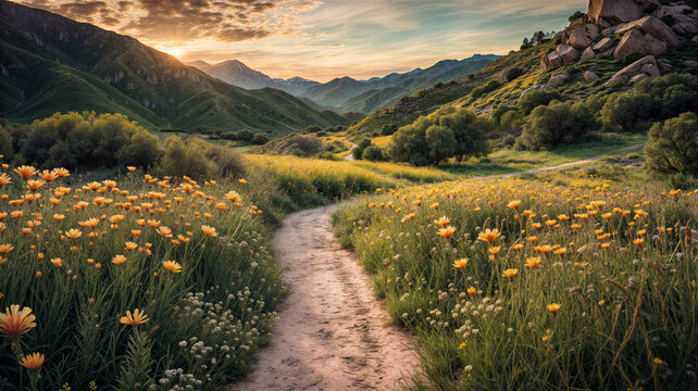 Illustration of a beutiful lanscape with a dirt path between flowers and grass. Mountains and sky in the background. Sunset or sunrise.