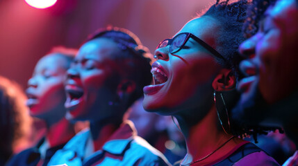 Diverse group of people energetically singing together in choir, illuminated by colorful, vibrant concert lighting, evoking feelings of joy, unity, and celebration.