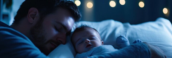 Late night struggle of parenthood captured in the tender moment of soothing a crying baby during sleepless nights