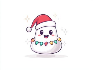 Cute Holiday Ghost Wearing a Santa Hat with Colorful Lights