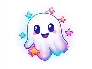 Adorable Cartoon Ghost Surrounded by Colorful Twinkling Stars