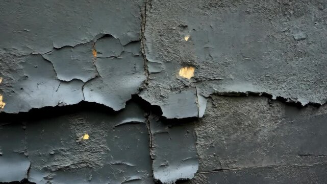 Textured surface with peeling black paint and patches of yellow in an urban setting