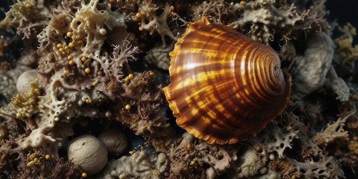 Dark brown hexaplex nigritus shell with yellow spots and seaweed , black murex, ocean creatures