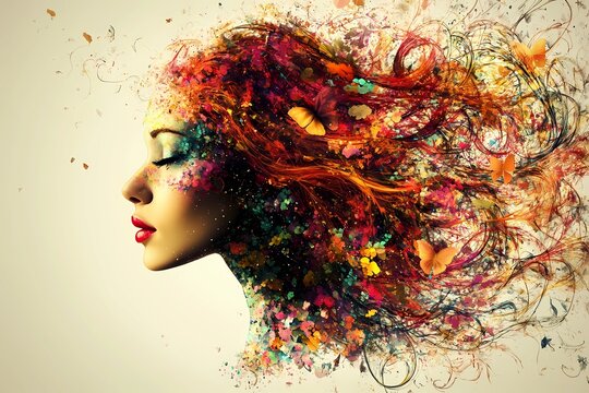 Profile of a woman with vibrant multicolored abstract hair and butterflies, creative design concept, vivid colors and dynamic motion on a light background, ideal for digital marketing and social media