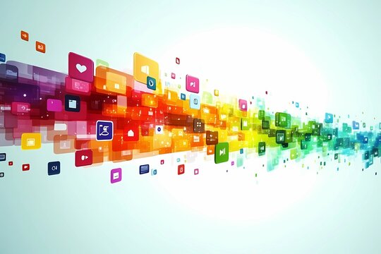 Vibrant digital marketing concept with colorful social media icons flowing in dynamic motion, bright gradient background, innovative technology, and creative network visualization