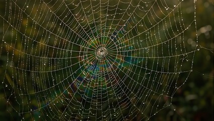 Fototapeta premium Intricate spider web glistening with morning dew reflecting rainbows in a delicate composition