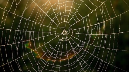 Fototapeta premium Intricate spider web glistening with morning dew reflecting rainbows in a delicate composition