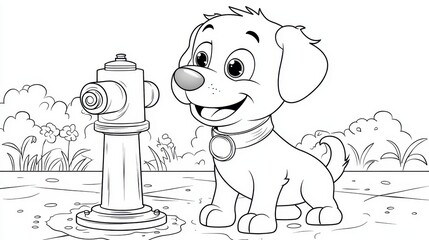 Cute Cartoon Puppy Standing Beside a Fire Hydrant in a Park
